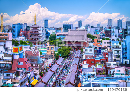 Tokyo cityscape in Japan. Summer sky... (guerrilla thunderstorm approaching)... Inbound tourism continues... Sensoji Temple bustling with foreign tourists = August 129470186