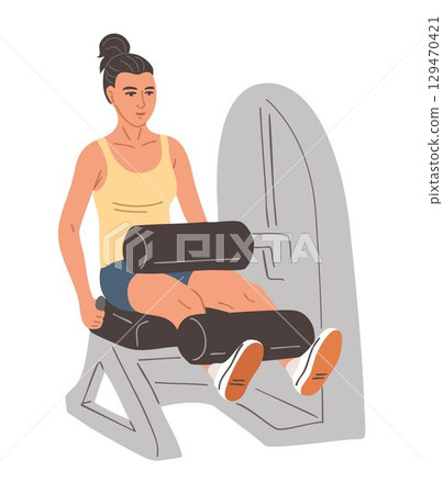 Flat style vector illustration of a woman using leg press machine in gym Flat style vector illustration of a woman using leg press machine in gym 129470421