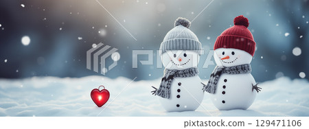 Loving couple of cute snowmen on vacation. Template for greeting card with copy space for tex 129471106
