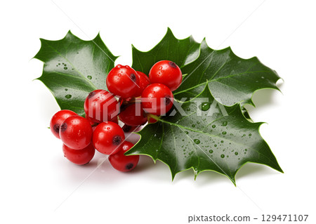 holly leaves with red berries on a white background. 129471107