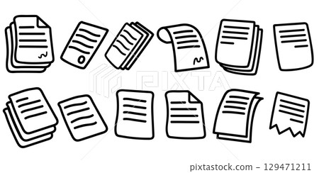 Doodle vector line document icon set isolated on white background. Document symbol hand drawn collection. Sheet of paper and paper pile Doodle vector line document icon set isolated on white background. Document symbol hand drawn collection. Sheet of paper and paper pile 129471211