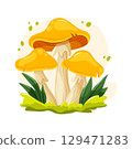 Cluster of three yellow mushrooms with green grass and leaves. Colorful cute cartoon vector for prints, stickers, and forest-themed designs. 129471283