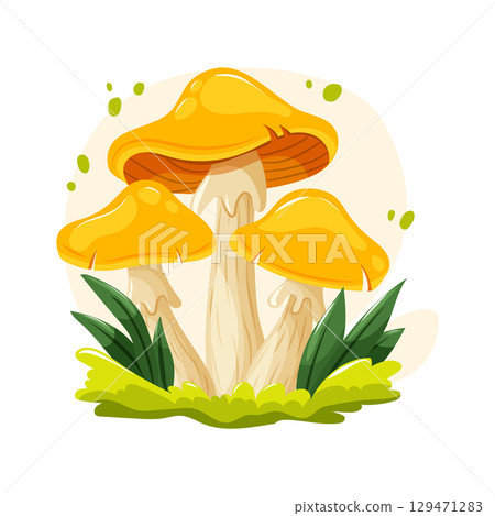 Cluster of three yellow mushrooms with green grass and leaves. Colorful cute cartoon vector for prints, stickers, and forest-themed designs. 129471283