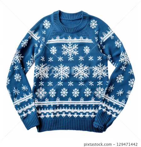 Blue knitted sweater with white snowflakes Blue knitted sweater with white snowflakes 129471442