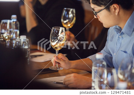 Man Tasting Multiple Glasses of Wine at Table Man Tasting Multiple Glasses of Wine at Table 129471481
