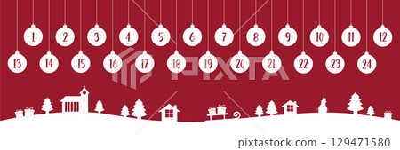 advent calendar with hanging christmas balls in winter village vector illustration advent calendar with hanging christmas balls in winter village vector illustration 129471580