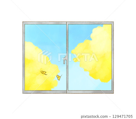 窗戶和外面風景的水彩畫 129471705