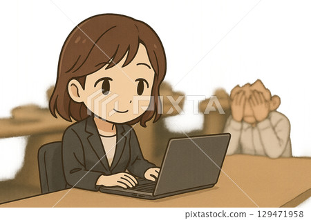 A casual follow-up illustration of a female employee who supports others with actions rather than words 129471958