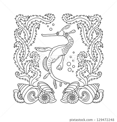 Art nouveau style seadragon swimming in ocean amongst seaweed and shells hand drawn monochrome easy coloring book page vector illustration Art nouveau style seadragon swimming in ocean amongst seaweed and shells hand drawn monochrome easy coloring book page vector illustration 129472248