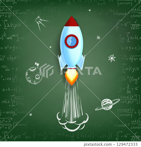 Rocketship flies against the background of a school green Rocketship flies against the background of a school green 129472333