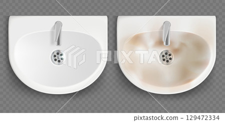 Sink washbasin dirty with stains and clean 129472334