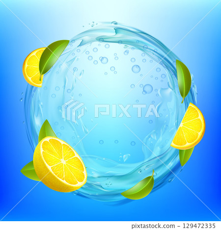 Lemon citrus with leaves in water swirl Lemon citrus with leaves in water swirl 129472335