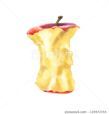 Watercolor illustration of a bitten apple core with red skin and a brown stem. Bright, hand-painted detail makes it ideal for food, nutrition, composting, and eco-themed designs. 129472354