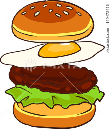 burger with fried egg lettuce and beef patty cartoon illustration 129472416
