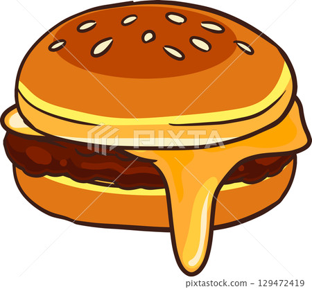 cheeseburger with melted cheese and beef patty cartoon illustration 129472419