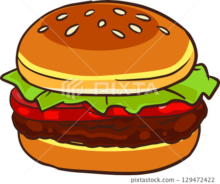delicious hamburger with lettuce tomato and grilled patty cartoon style food illustration 129472422
