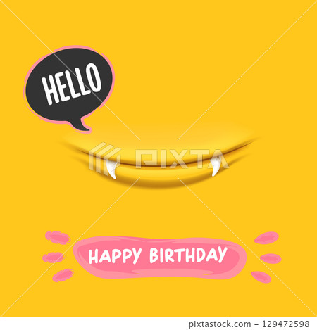 Happy Birthday Speech Bubble Vector, Cartoon monster Mouth Character with Open Grin, speech bubble isolated on orange Background, Celebration Greeting Card Design Happy Birthday Speech Bubble Vector, Cartoon monster Mouth Character with Open Grin, speech bubble isolated on orange Background, Celebration Greeting Card Design 129472598