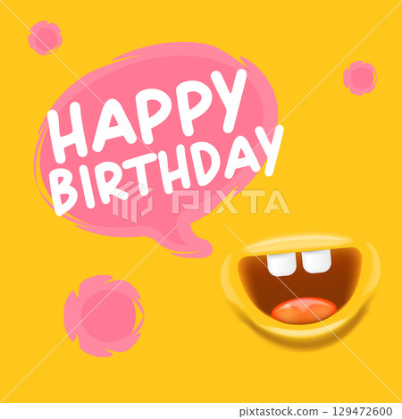 Happy Birthday Speech Bubble Vector, Cartoon monster Mouth Character with Open Grin, speech bubble isolated on orange Background, Celebration Greeting Card Design 129472600