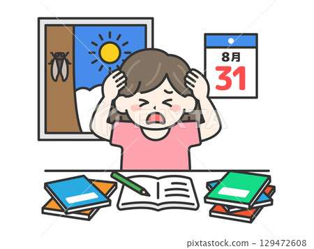 Last day of summer vacation | Illustration of an elementary school girl holding her head over her homework 129472608