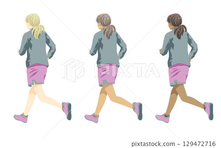 多國女性在奔跑。後視圖。 129472716