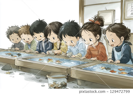 Autumn festival scene with smiling children scooping goldfish at the food stalls 129472799