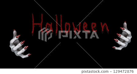 Bony pale witch hands with sharp long red nails and lettering Halloween between them, isolated on black. Bony pale witch hands with sharp long red nails and lettering Halloween between them, isolated on black. 129472876