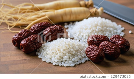 Ingredients for Korean samgyetang with ginseng, red dates, and glutinous rice on wooden board 129473055