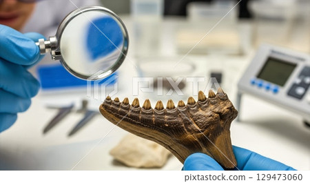 Paleontologist examining dinosaur fossil jaw with magnifying glass in laboratory Paleontologist examining dinosaur fossil jaw with magnifying glass in laboratory 129473060
