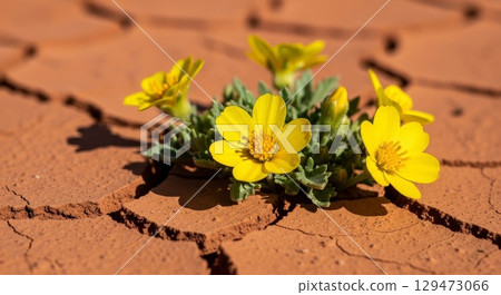 Yellow Desert Flowers Blooming Through Cracked Dry Earth 129473066