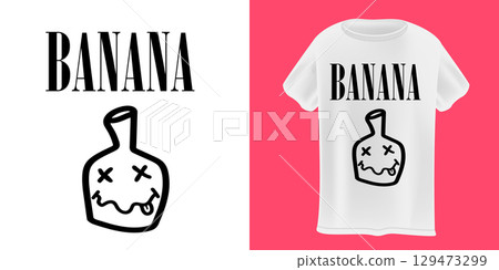 Banana Nirvana T-Shirt Design Vector Black Tee with black Text and Funny Banana Smiling Face, Trendy Graphic Apparel for Casual Style and Pop Culture Fans 129473299