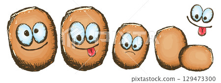 Funny happy potato cartoon character isolated on whhite background. Potato character set hand drawn and very cute. Doodle potato Funny happy potato cartoon character isolated on whhite background. Potato character set hand drawn and very cute. Doodle potato 129473300