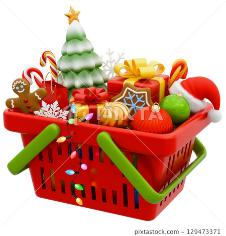 Shopping Basket With Gifts And Purchases For Christmas and New Year 129473371