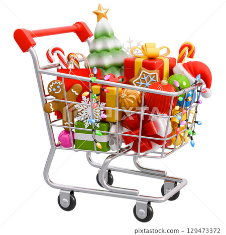 Shopping Cart Full of Gifts and Purchases for Christmas and New Year 129473372