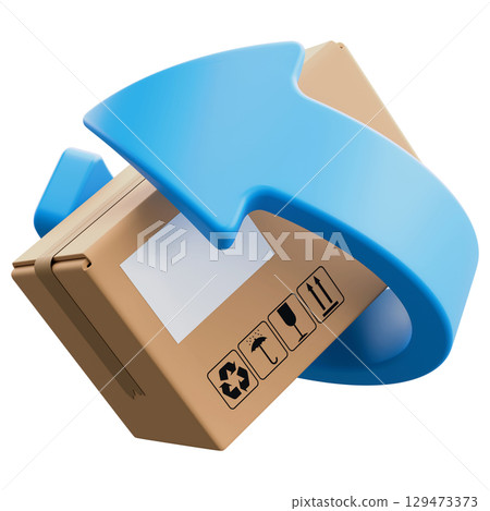 Cardboard Delivery Box or Parcel With Blue Arrow Spinning Around Cardboard Delivery Box or Parcel With Blue Arrow Spinning Around 129473373
