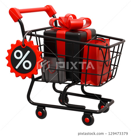 Black Friday Sale Shopping Trolley Cart With Percentage Tag And Gifts 129473379