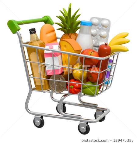 Shopping Trolley With Groceries Perspective View Shopping Trolley With Groceries Perspective View 129473383