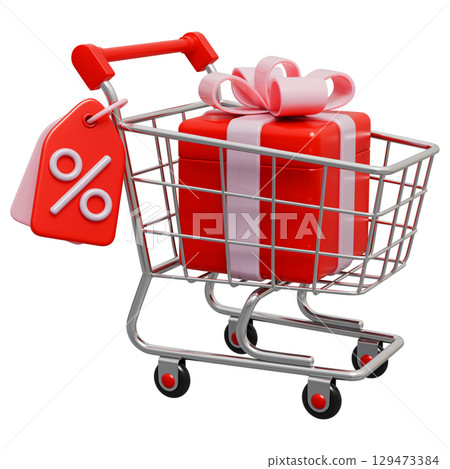 Shopping Trolley Cart With Percentage Tag And Gift Box 129473384