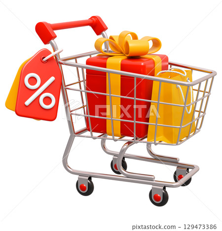 Shopping Trolley Cart With Percentage Tag And Gift Box 129473386