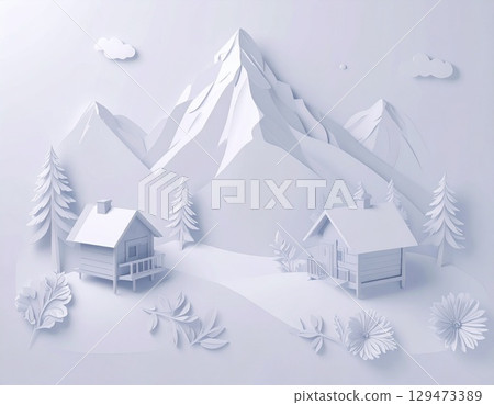 山脈和山間小屋 紙藝術圖像插圖 129473389