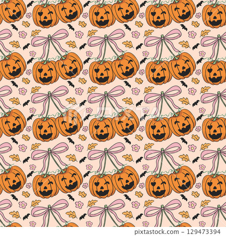 Cherry pumpkin ribbon Halloween seamless pattern background Cherry pumpkin ribbon Halloween seamless pattern background 129473394