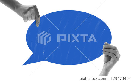 Collage of hands holding blue speech bubble with copy space 129473404