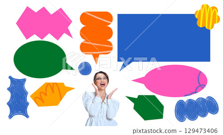 Colorful collage of woman surrounded by colorful speech bubbles on white background 129473406