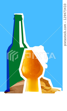 Collage of beer glass with bottle and potato chips on blue background 129473410