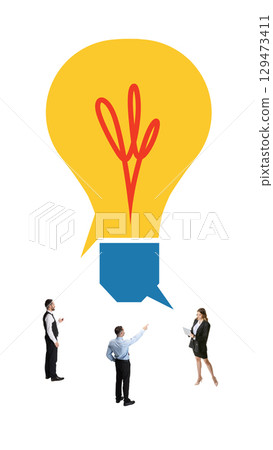 Surreal collage art of business team discussing creative idea with speech bubble and light bulb 129473411