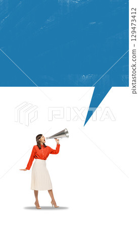 Creative collage of woman shouting into megaphone with speech bubble copy space Creative collage of woman shouting into megaphone with speech bubble copy space 129473412