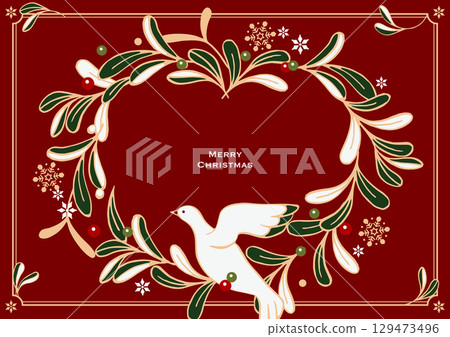 聖誕節向量插圖。由槲寄生葉和幸運白鴿製成的聖誕花圈。 129473496