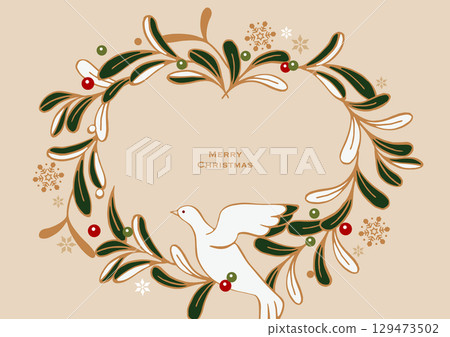 Christmas vector illustration. Christmas wreath made of mistletoe leaves and lucky white dove. 129473502