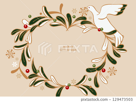 Christmas vector illustration. Christmas wreath made of mistletoe leaves and lucky white dove. 129473503