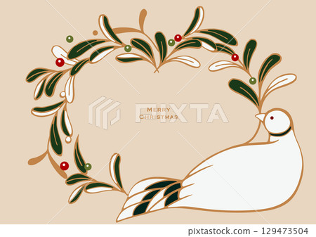 聖誕節向量插圖。由槲寄生葉和幸運白鴿製成的聖誕花圈。 129473504