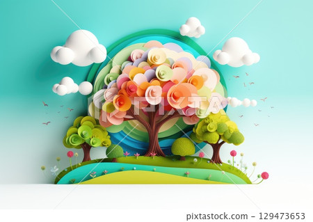 colorful fantasy tree paper art illustration 129473653